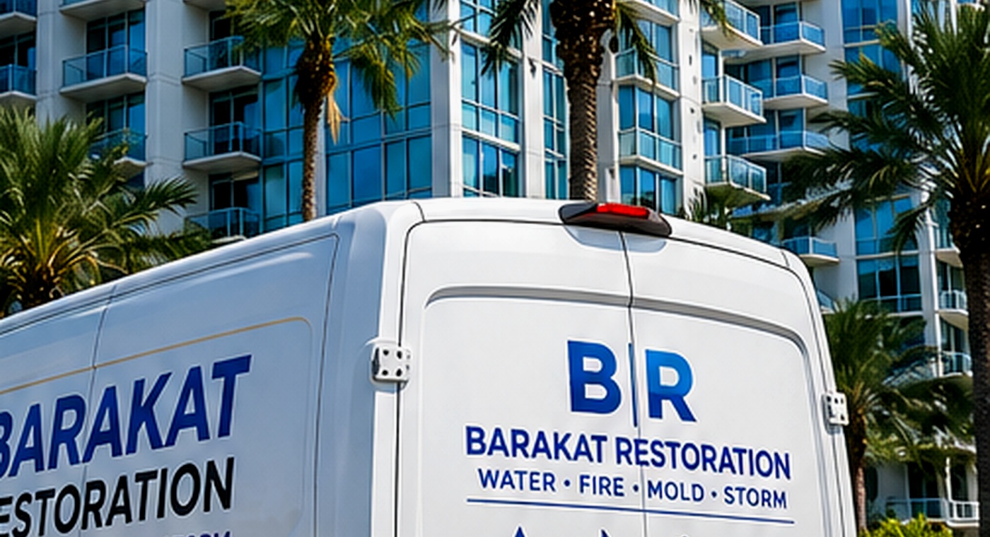 Restoration vehicles responding to coastal high-rise property