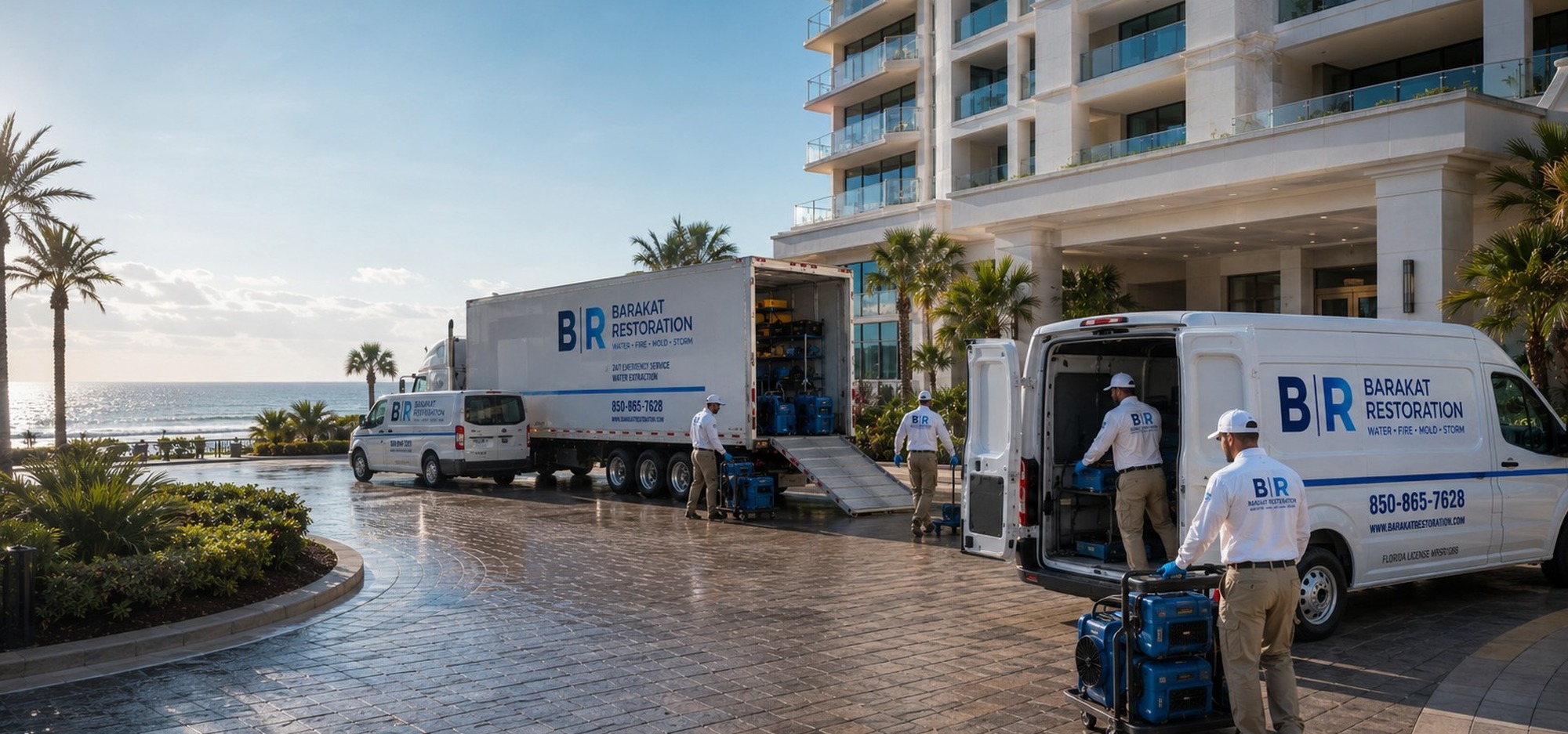 Technicians unloading restoration equipment at resort